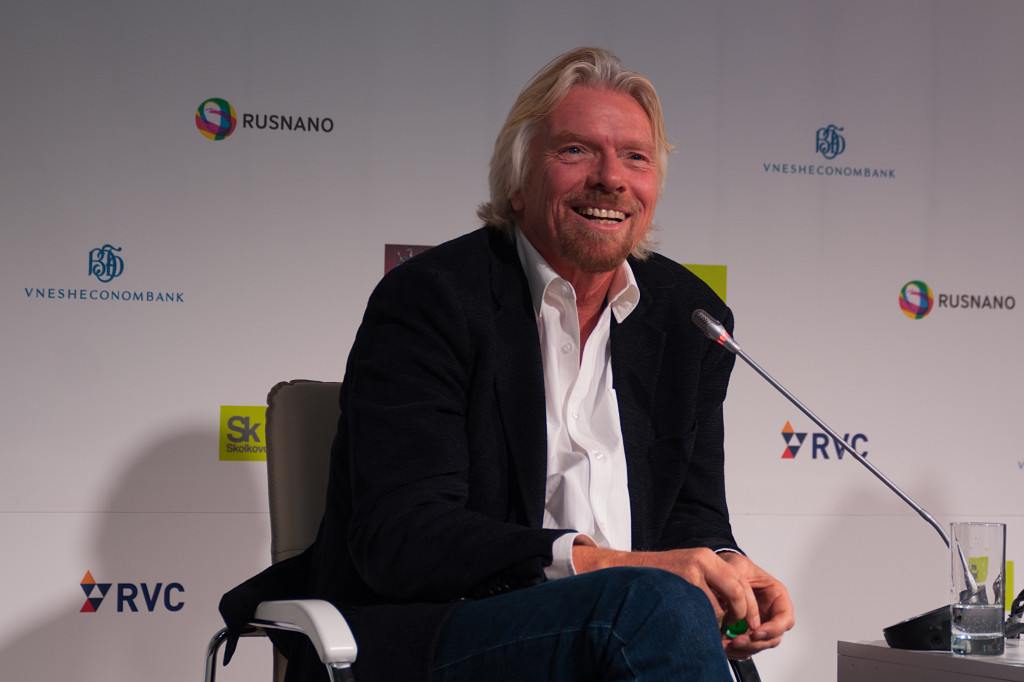 Richard Branson talking on a panel in Moscow, Russia.